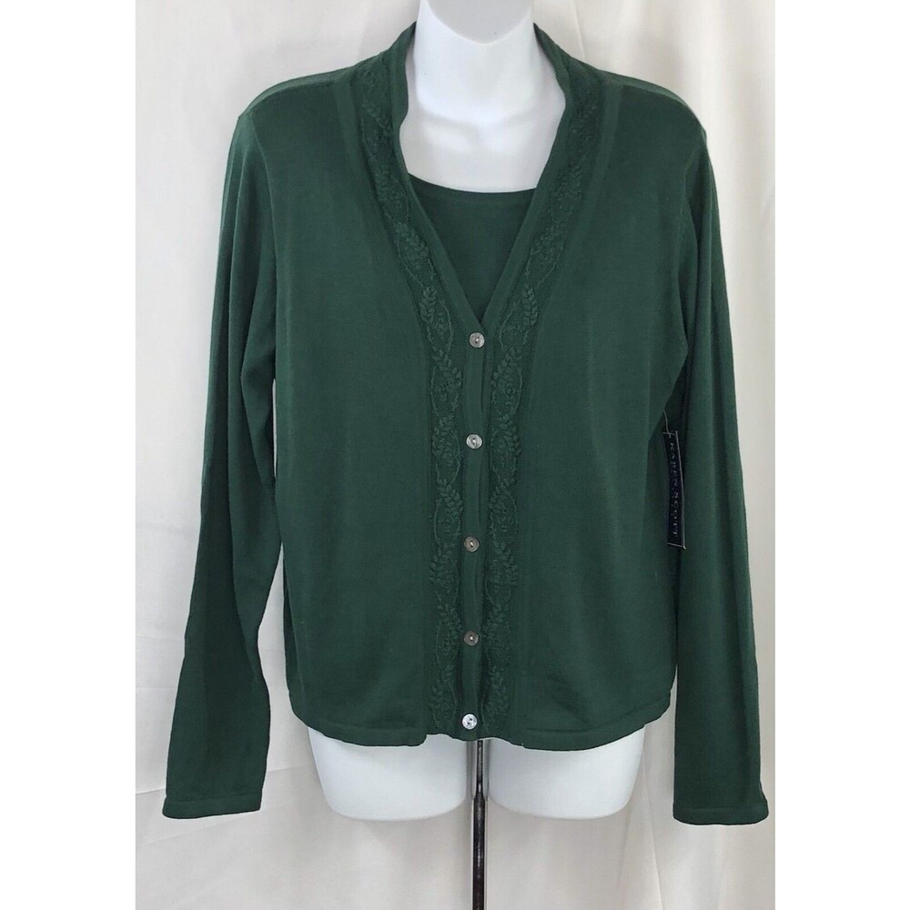 NWT Karen Scott Cardigan Sweater & Top Combo LP Green Crochet LongSleeve cottage